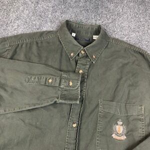 Bugle Boy Men Classic Olive Green Button Down Shirt Cotton Crest Logo Large